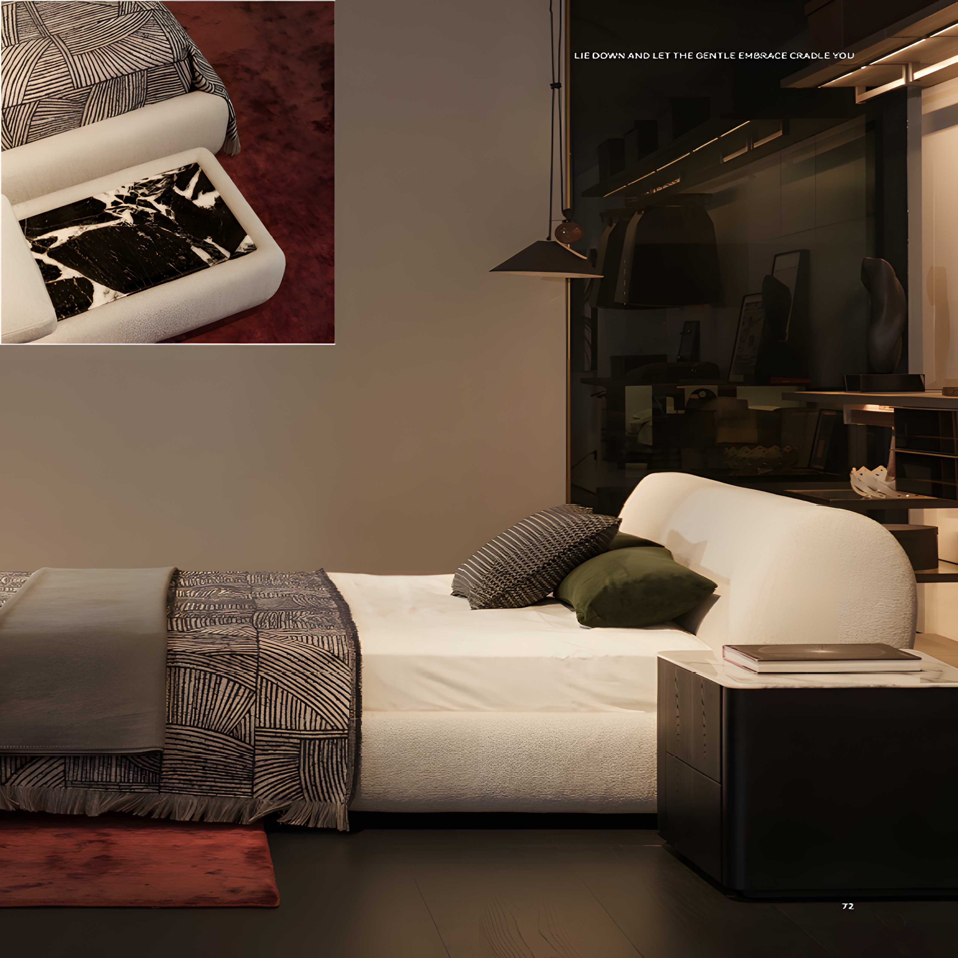 Curved Upholstered Bed with Marble Nightstand